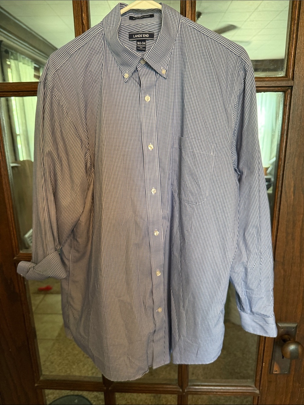 Lands End Men Blue Gingham No Iron Supima Pinpoint Shirt 16.5-34 Traditional Fit